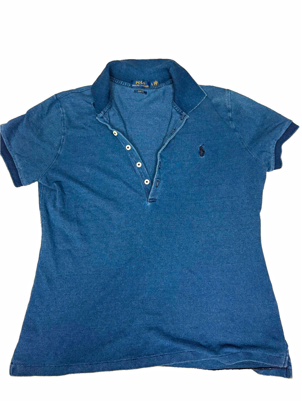Polo Ralph Lauren Women’s L Blue Solid Slim Fit Short Sleeve Collared Polo Shirt